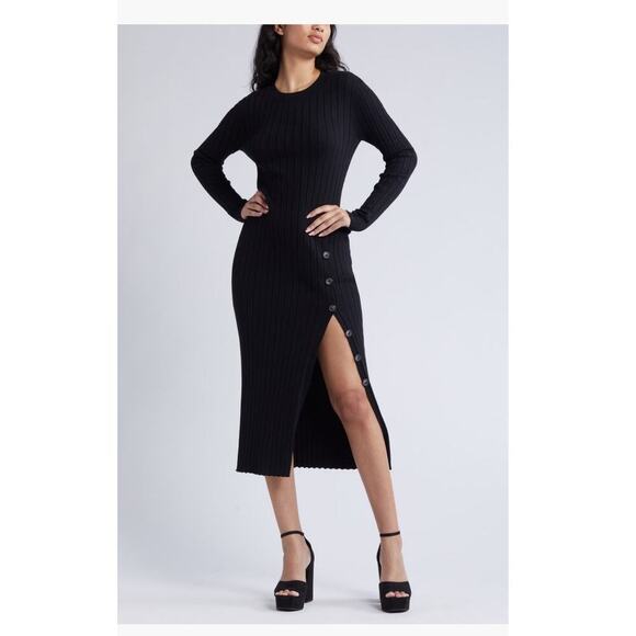 Open edit ribbed sweater button side midi dress black size small - Picture 2 of 10